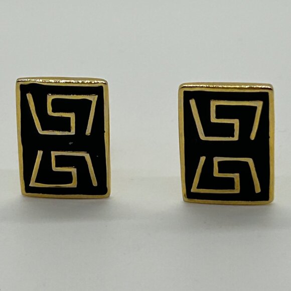 Estate Jewelry - Vintage Gold & Black  Earrings Enamel Greek Key Clip-On 1980s Designer Statement